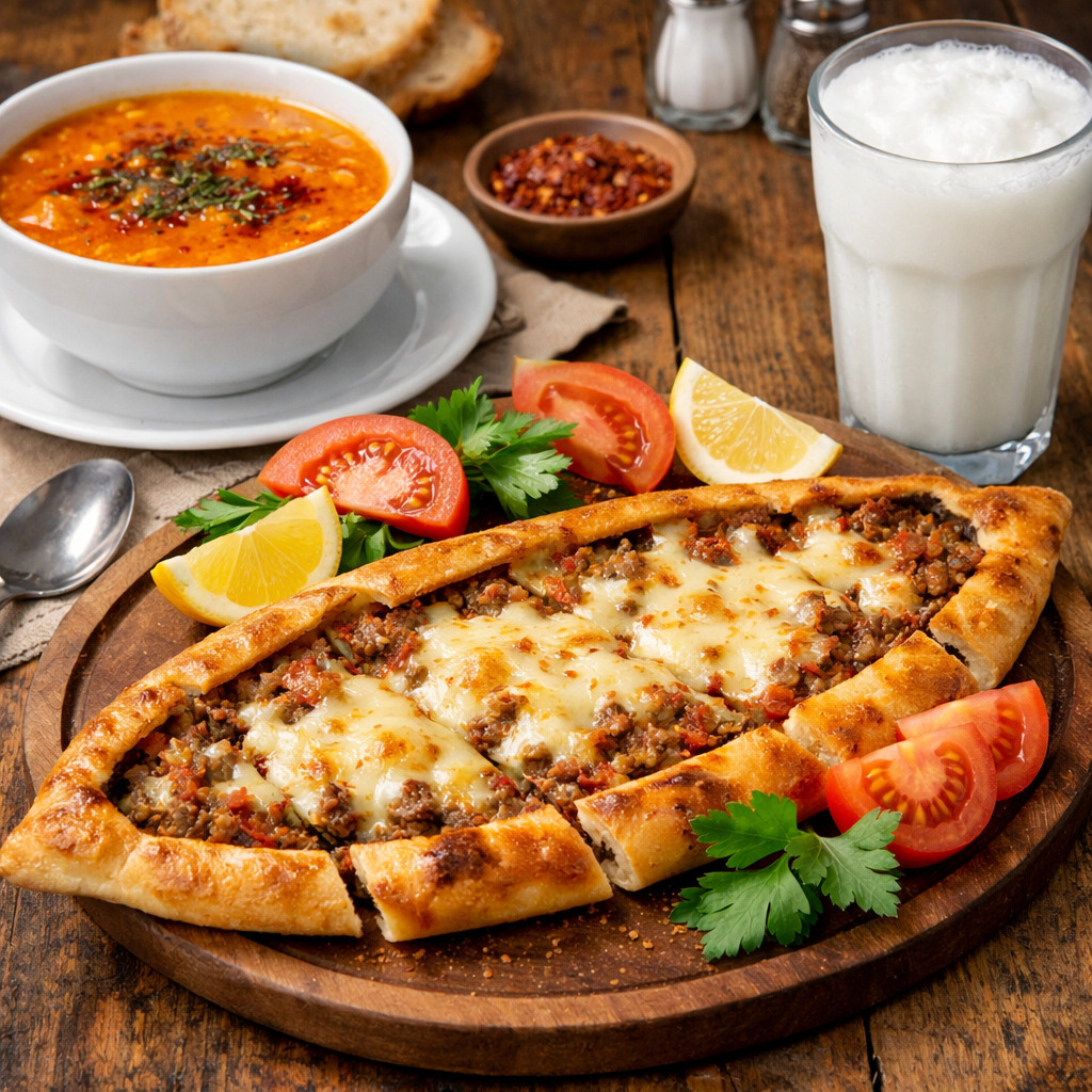 Kıymalı Kaşarlı Pide + Çorba + Ayran