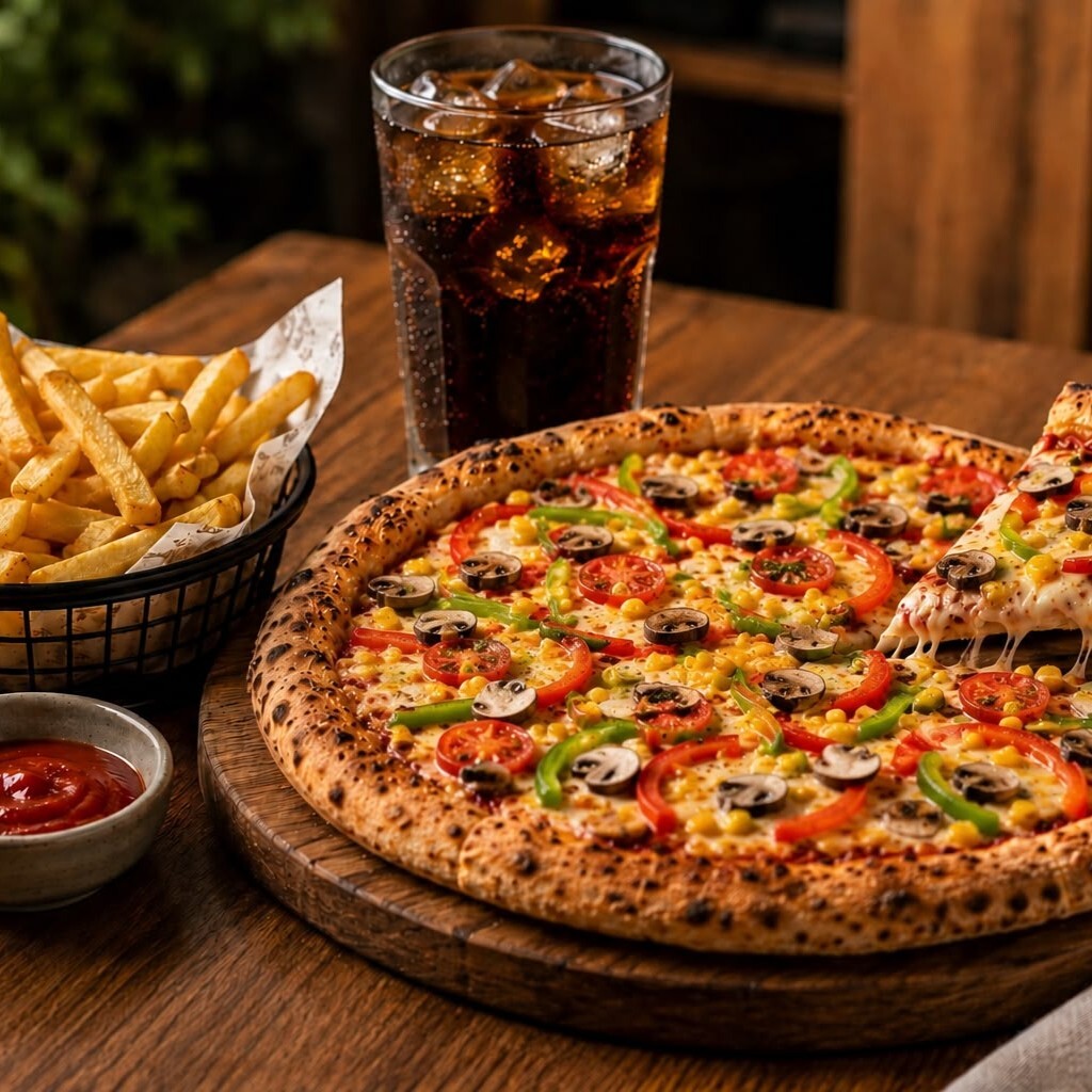 Büyük Boy Vejetaryen Pizza + İçecek + Patates Kızartması