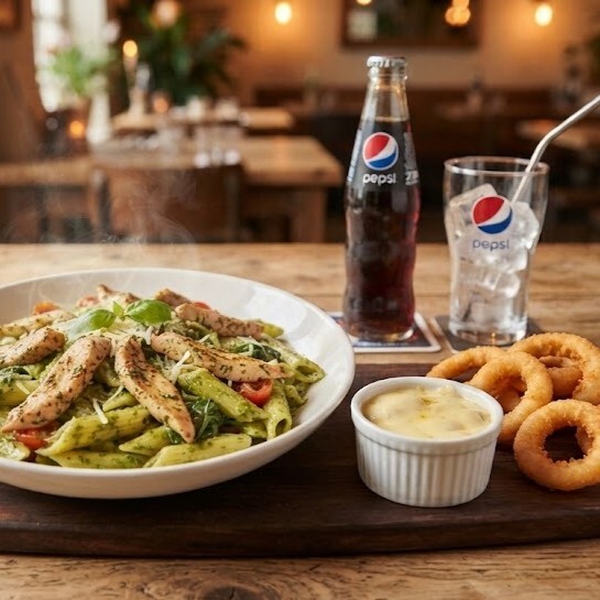 Pesto Soslu Penne Soğan Halkalı Pepsi Menü