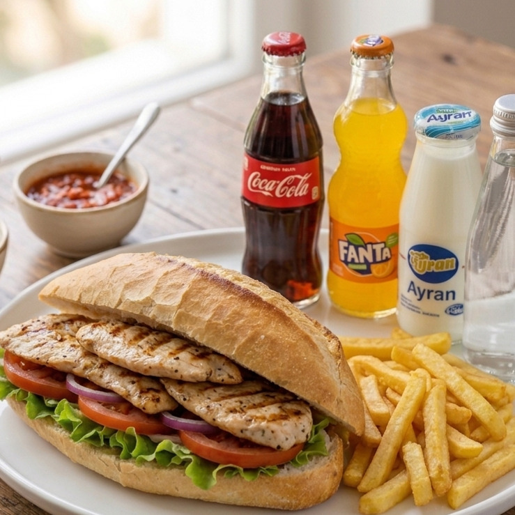 Yarım Ekmek Arası Sanayi Usulü Tavuk + Patates Kızartması + İçecek