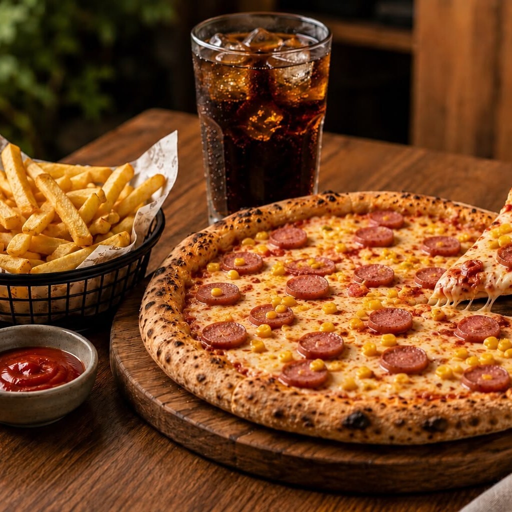 Büyük Boy Sosisli Pizza + İçecek + Patates Kızartması