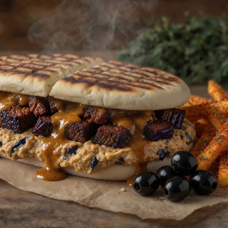 Köz Patlıcan Beğendili Kavurmalı Bazlama Tost & Patates Kızartması