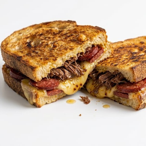 Ayvalık Ekmeğine Dana Kavurma ve Dana Sucuklu Tost