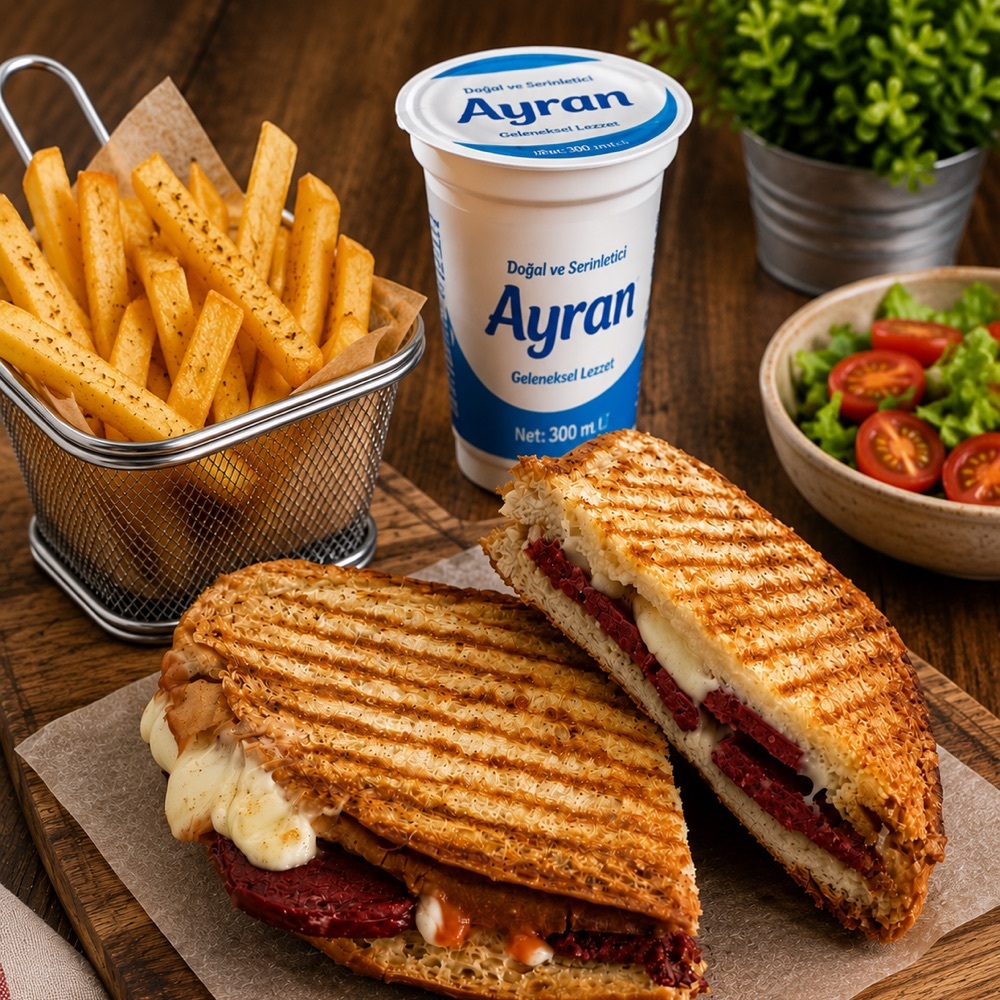 Ayvalık Ekmeğine (Karışık Tost) Patates, Ayran Menü