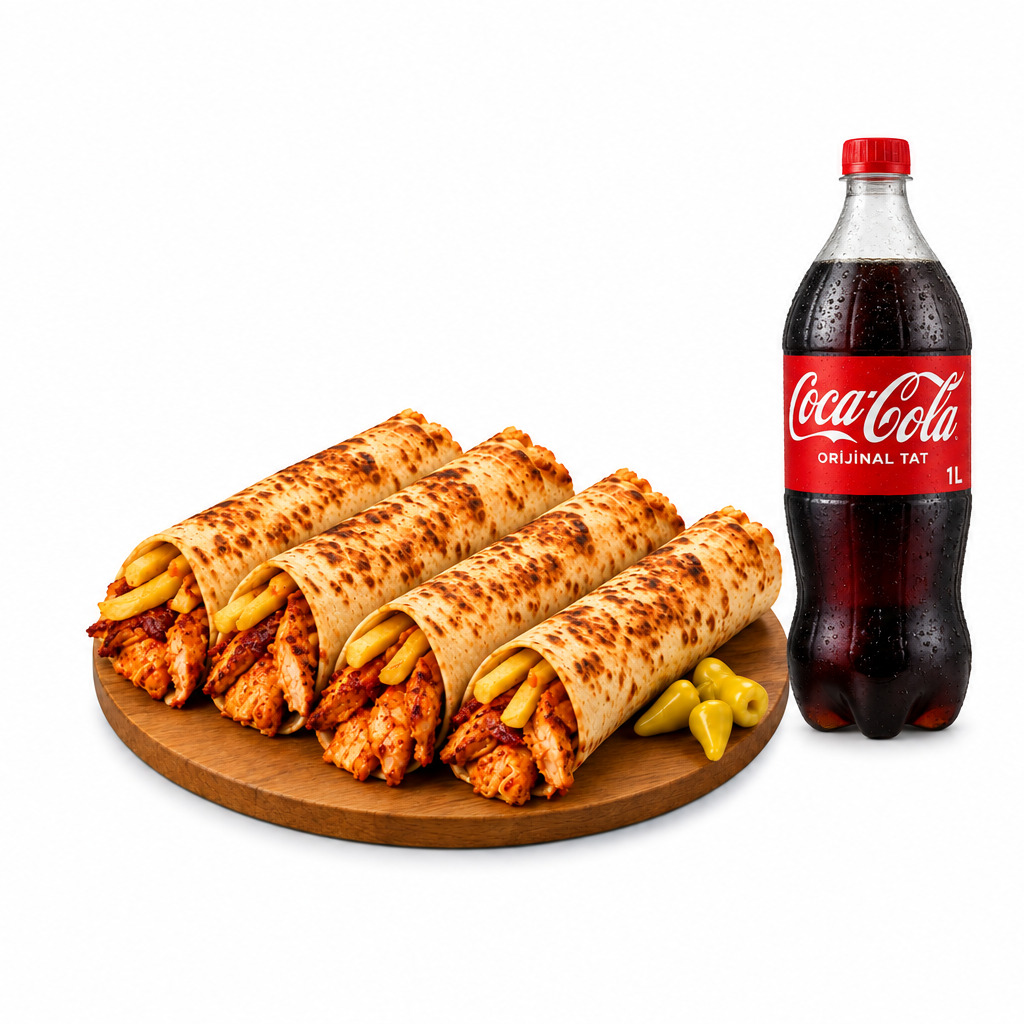 Coca - Cola Doyuran Menü 4 Adet Klasik Tavuk Döner Dürüm + 1 Litre Coca - Cola