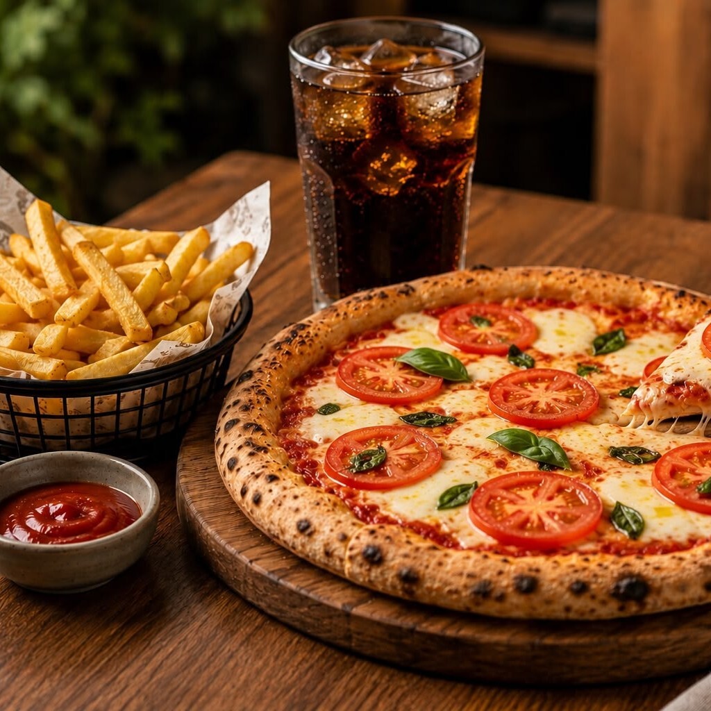 Büyük Boy Margarita Pizza + İçecek + Patates Kızartması