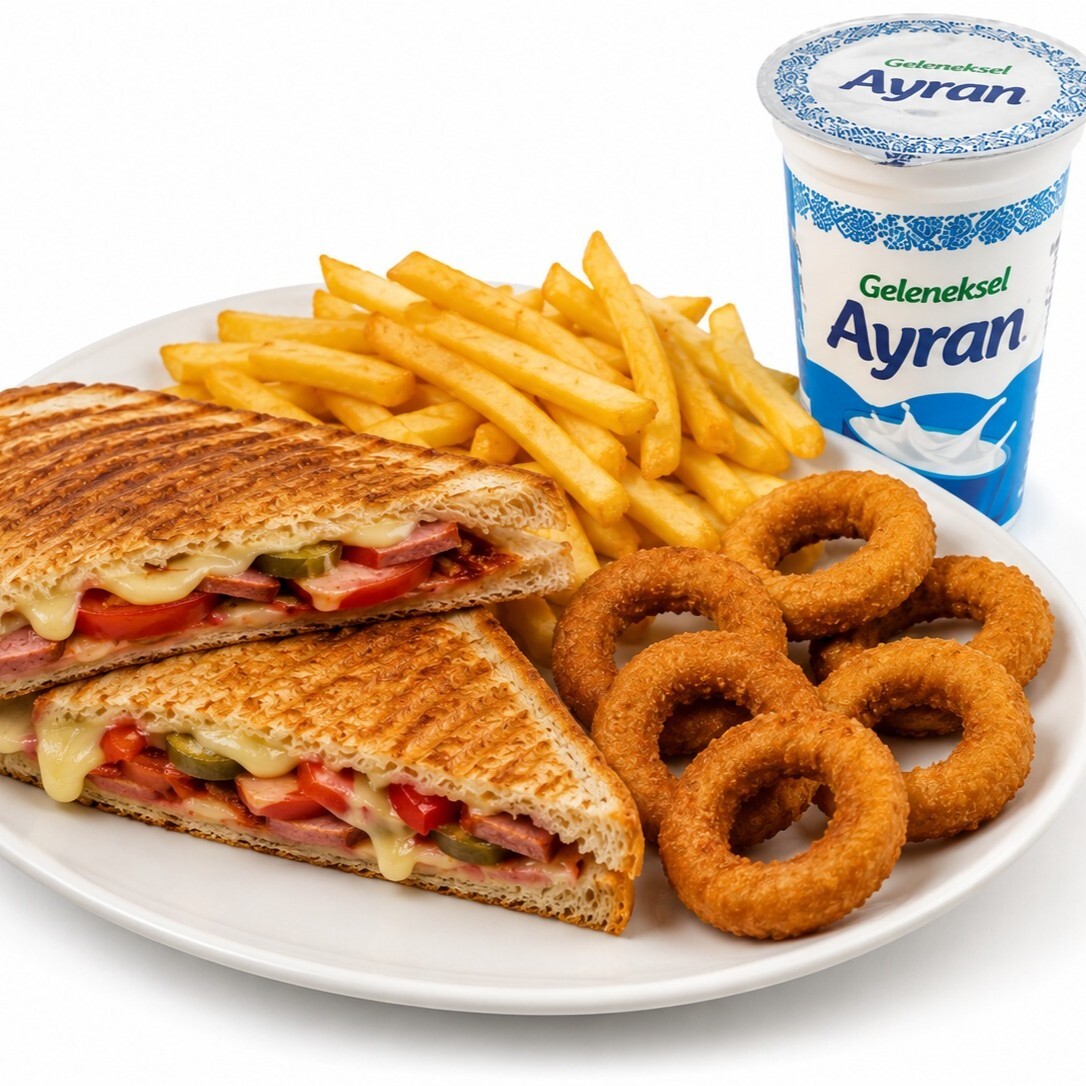 Kaşarlı Tost + Patates Kızartması + 6'lı Soğan Halkası + Ayran