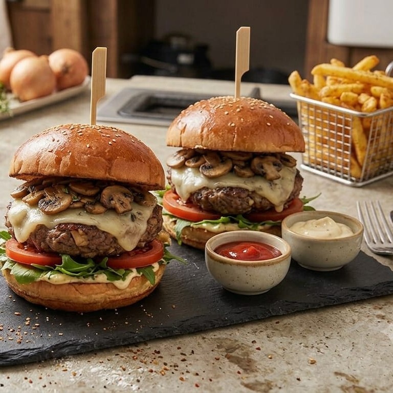 2'li Mantarlı Et Burger + Kızartma