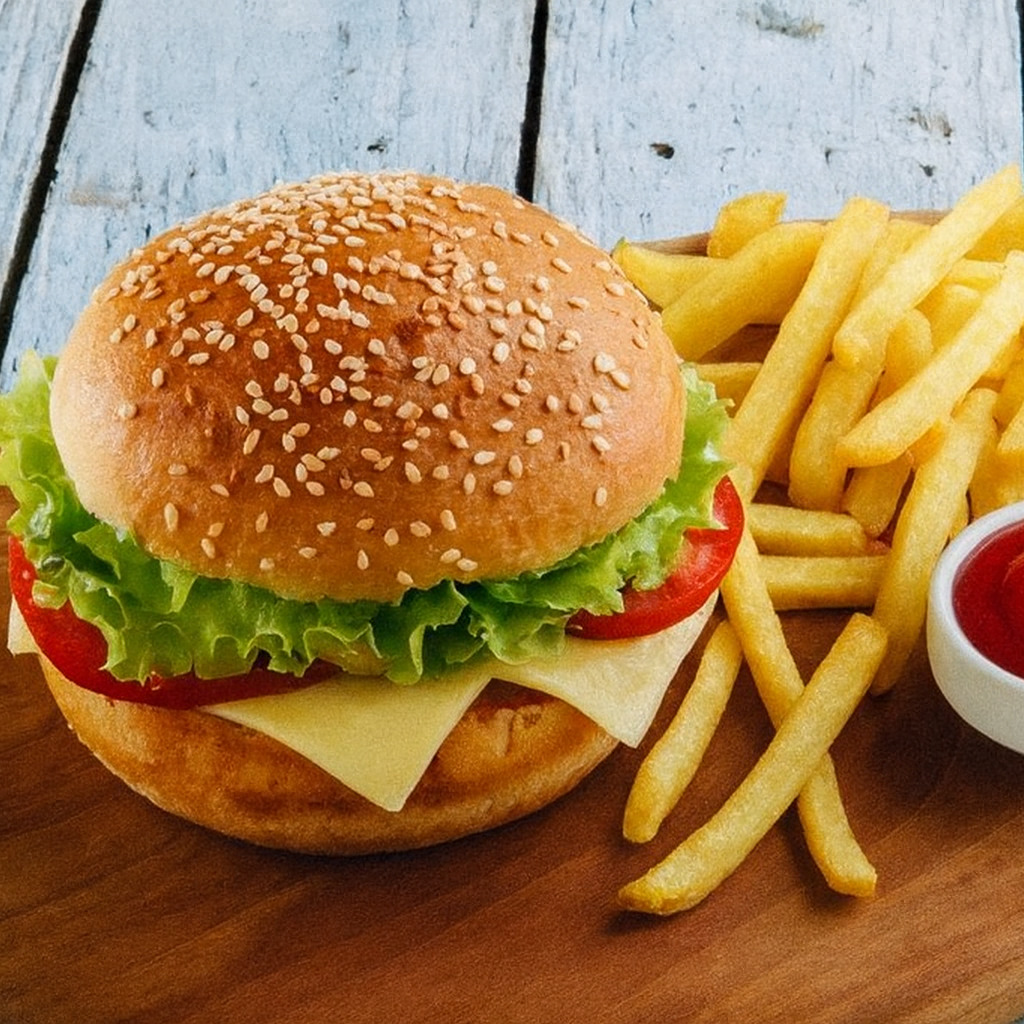 Tavuk Burger & Patates Kızartması& Cam şişe 200ml Pepsi