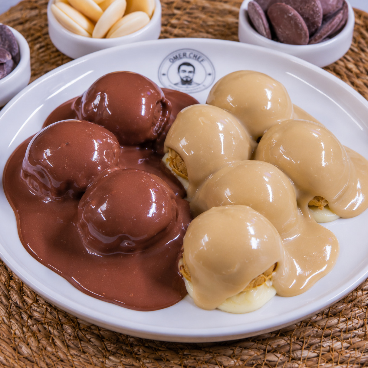 Belçika Çikolatalı ve Karamel Çikolatalı Profiterol (600 g) (12 Adet)