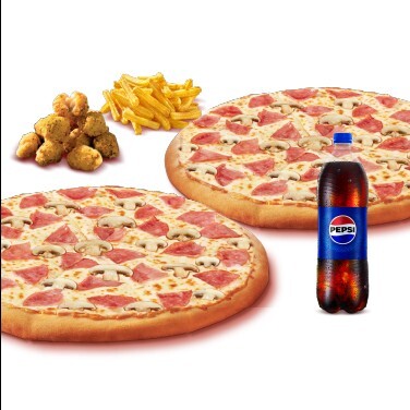 2 Adet Büyük Boy Pizza + 2 Adet Seçili Yan Ürün + İçecek (1 L.)