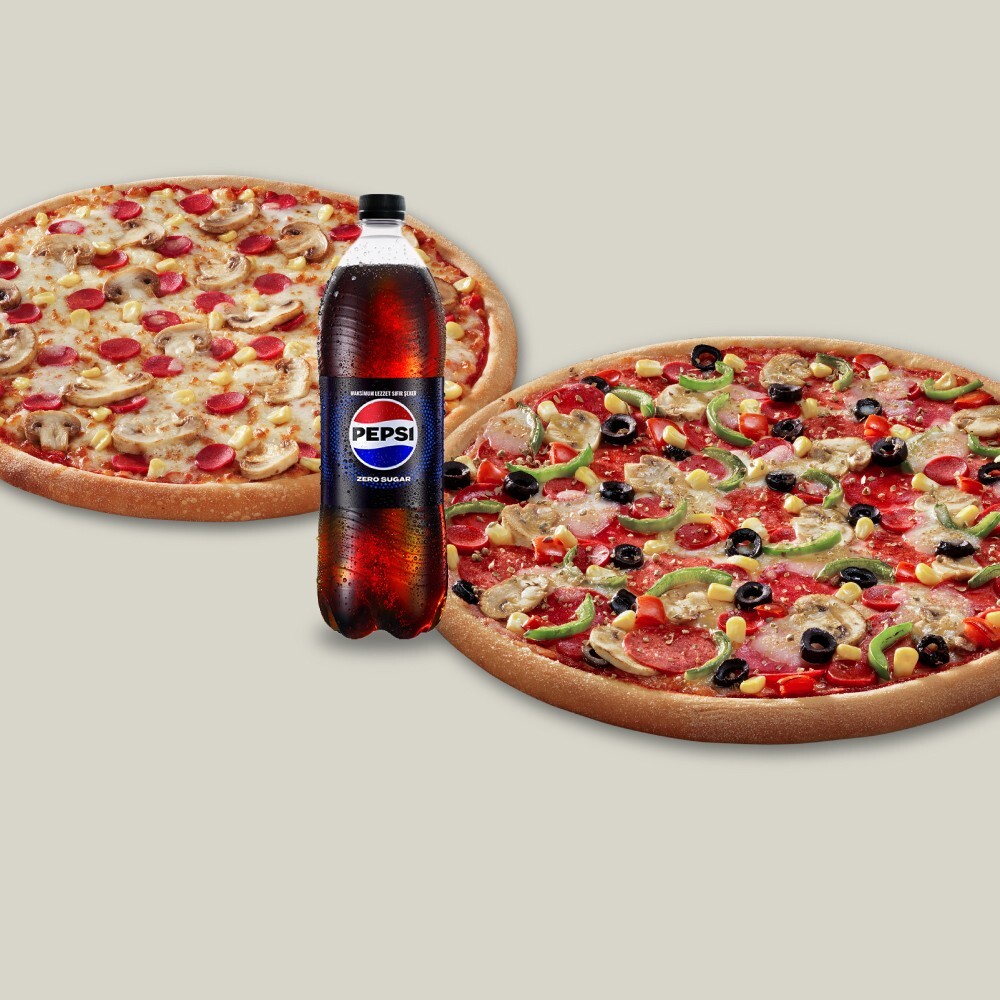 2 Adet Büyük Boy Pizza + Pepsi Zero Sugar (1 L.)