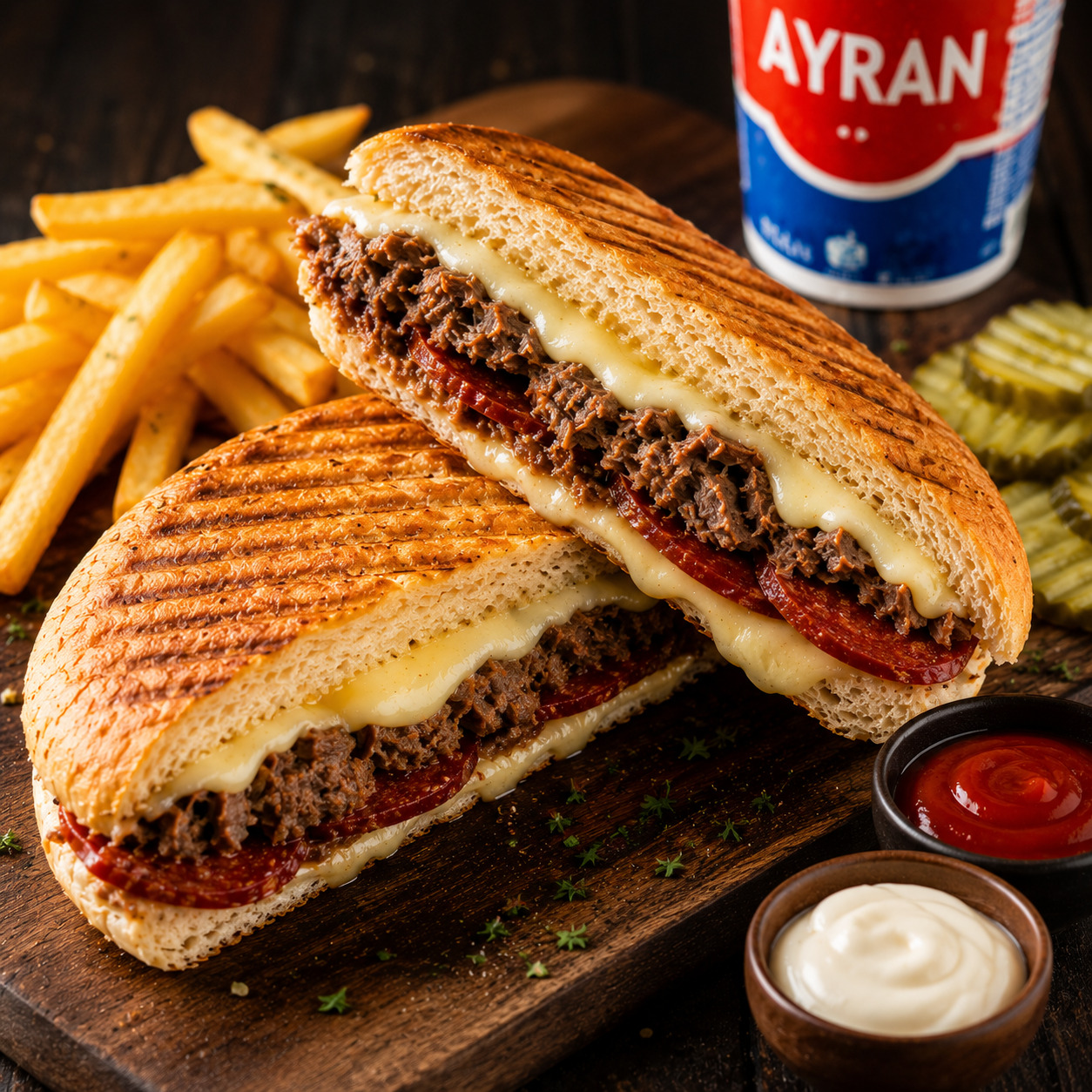 Yarım Ekmek Arası Kavurmalı Kaşarlı Tost