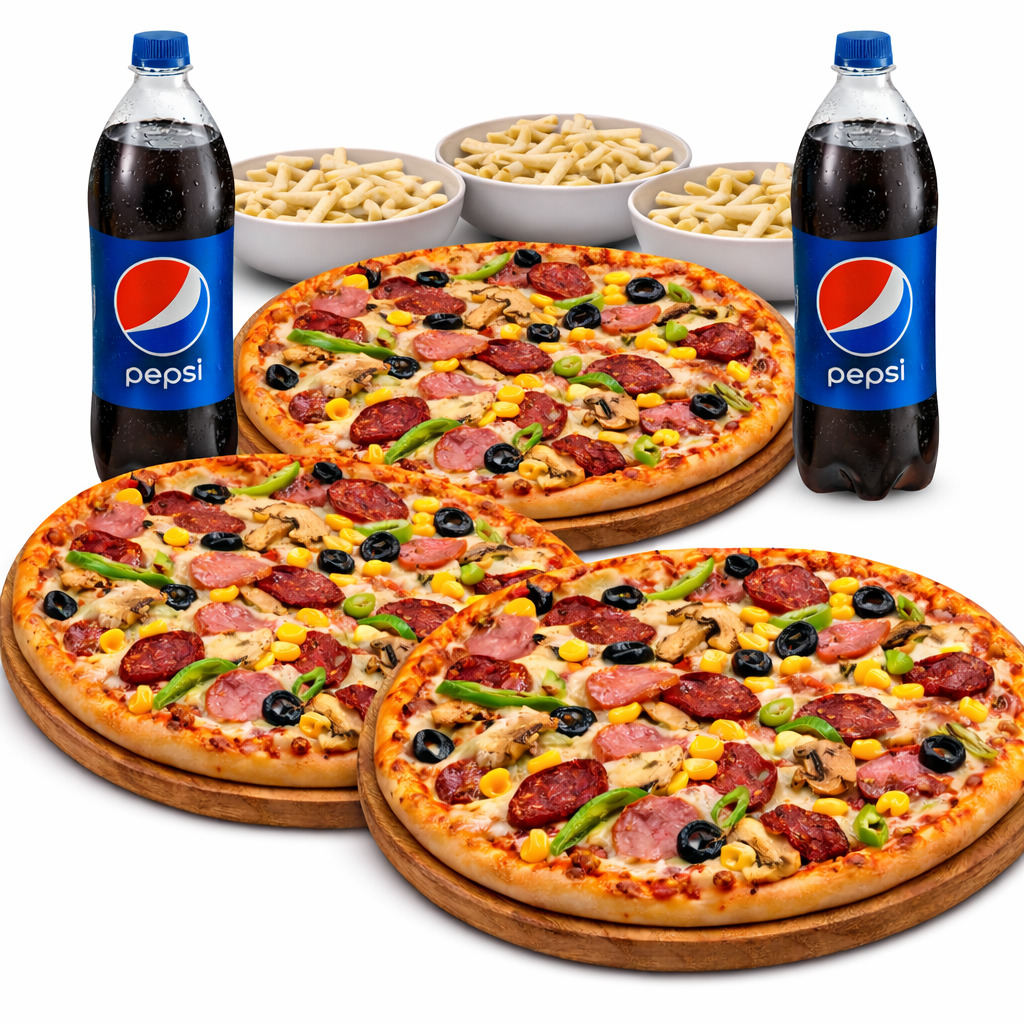 3 ottoman Pizza (Büyük) & 3 makarna & 2adet 1LT Pepsi