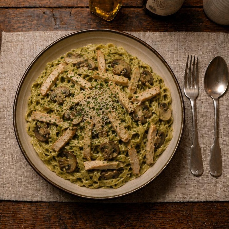 Pesto Soslu Tavuklu Fettuccine