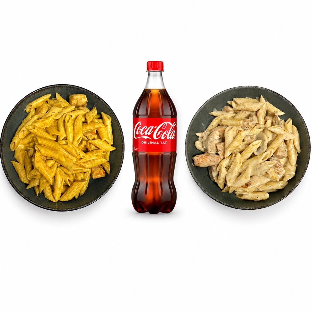 Tavuklu Krema Mantar Penne ve Tavuklu Köri Soslu Penne + 1 Litre Kola