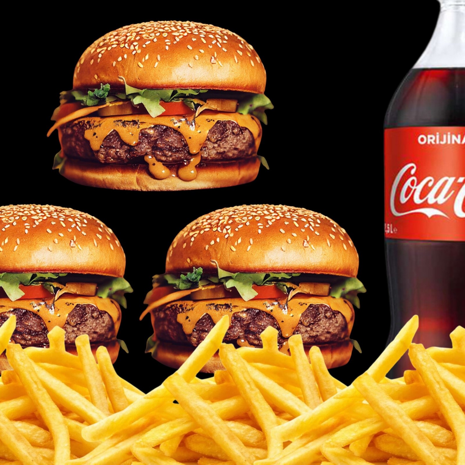 4 adet Hamburger+ Patates Tava + 1,5 lt kola