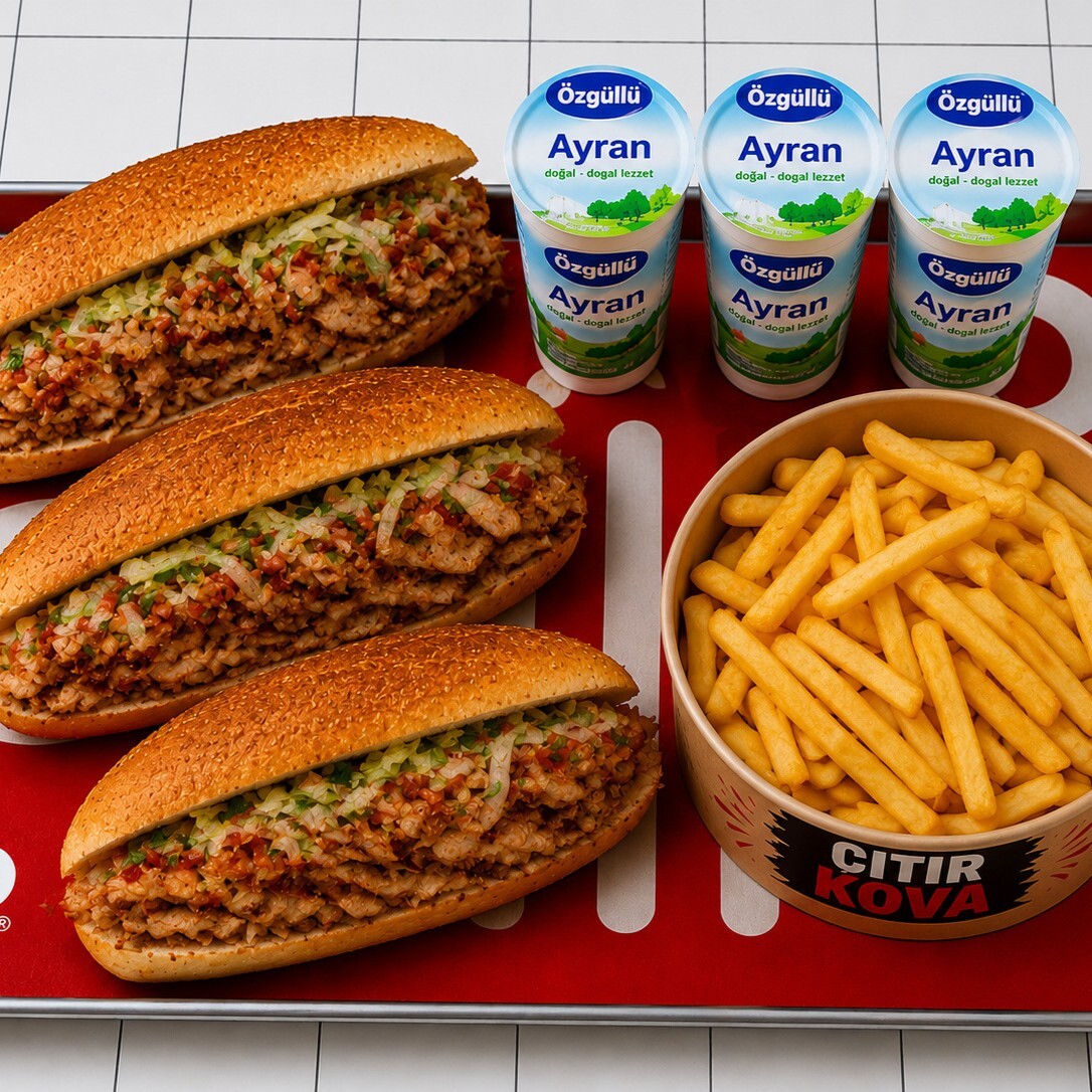 3 Ekmek Arası Tavuk Döner & 1 Kova Patates Kızartması & 3 Ayran