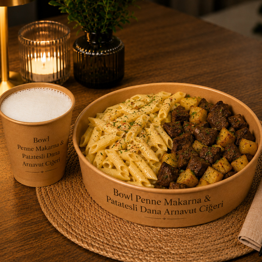 XXL Bowl Penne Makarna & Patatesli Dana Arnavut Ciğeri + Ayran