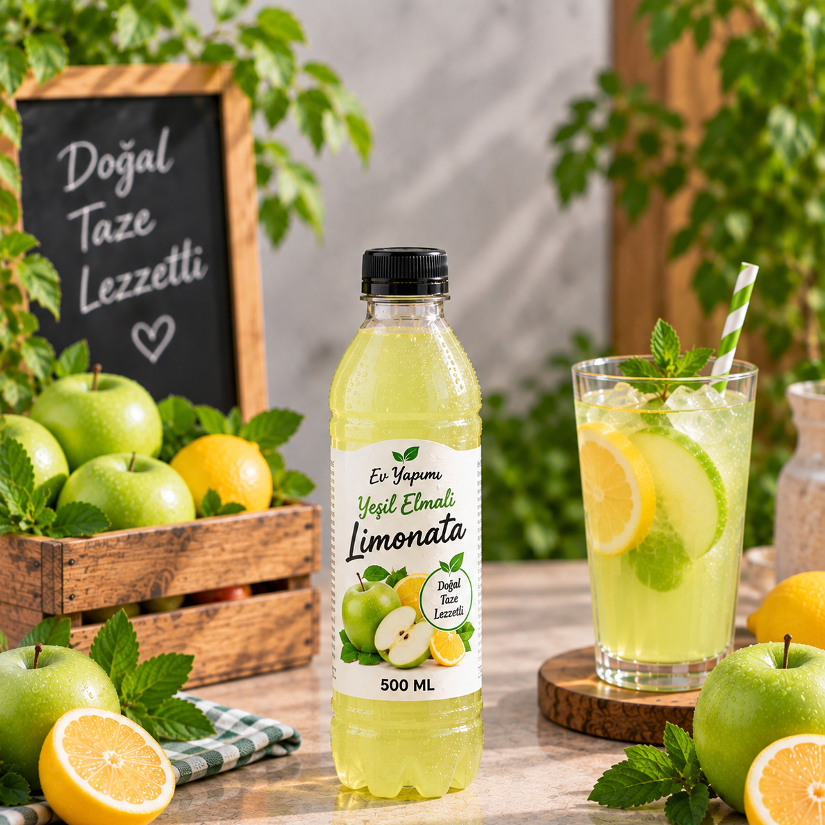Ev Yapımı Yeşil Elma Aromalı Limonata 500 Ml