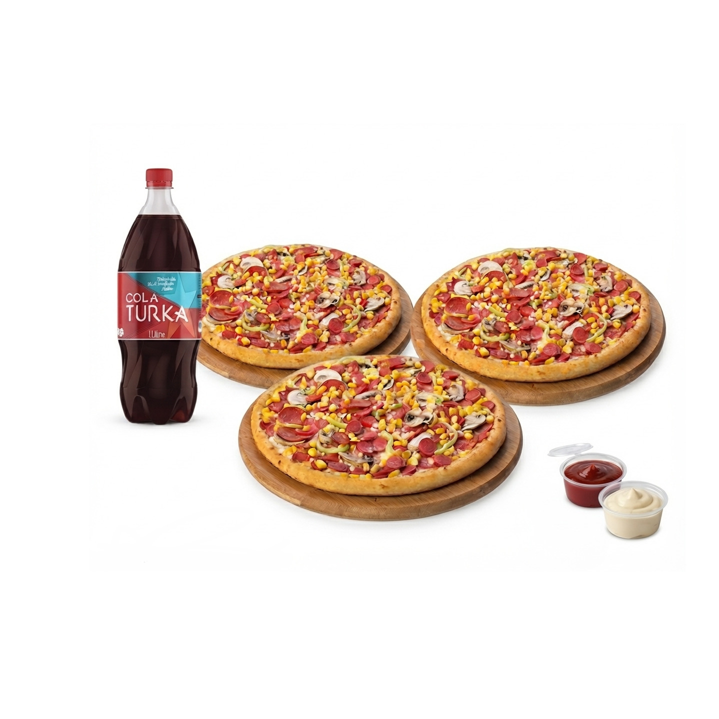 3'lü Karışık Pizza & 1 L Colaturka Menü [Orta Boy] Pizza baharatı+ketçap + mayonez