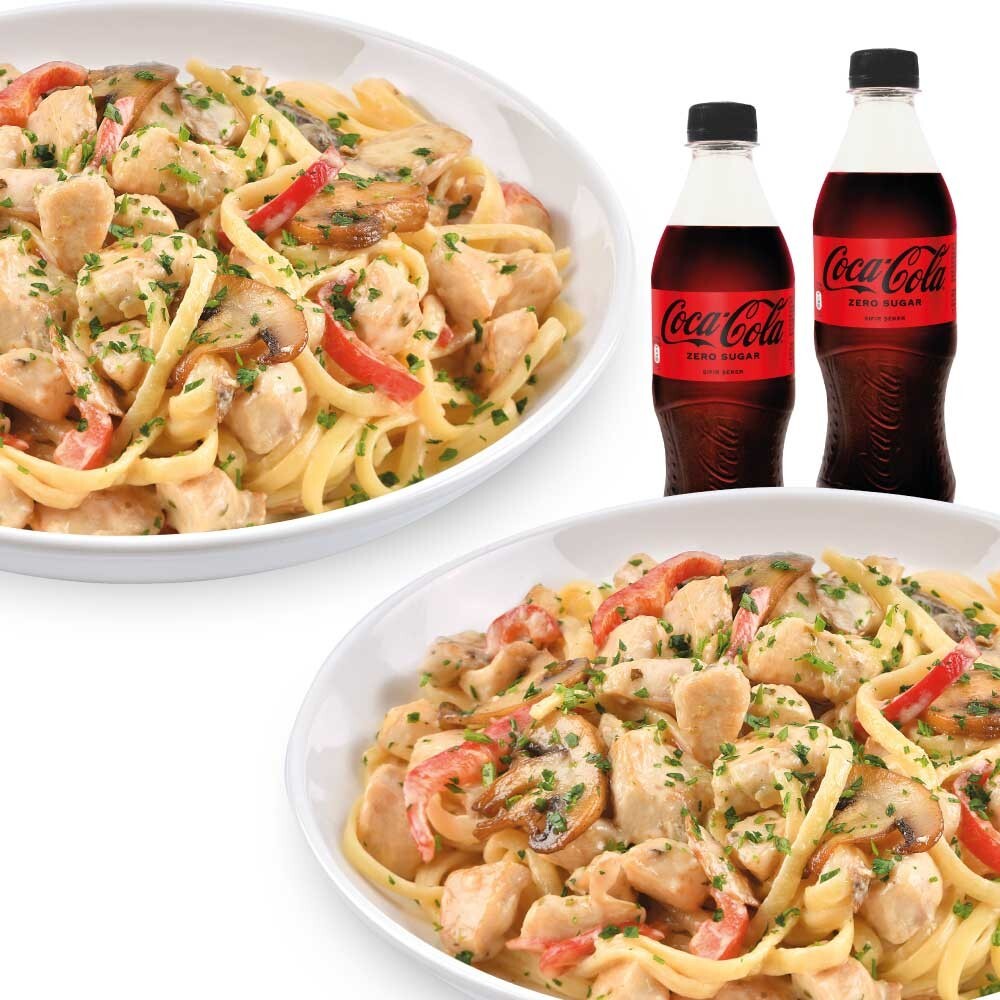 2 Mantar Soslu Tavuklu Makarnam + 2 Adet İçecek (450 ml.)