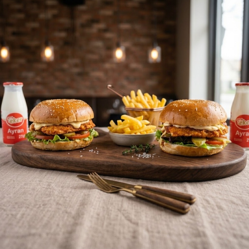 2 Adet Chicken Burger + 2 Adet Patates + 2 Adet Eker Ayran
