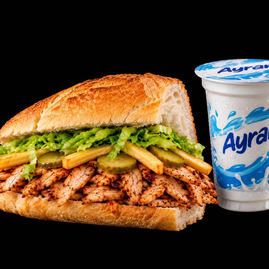 Yarım Ekmek Tavuk Döner + Tek Süt Ayran (170 ml)