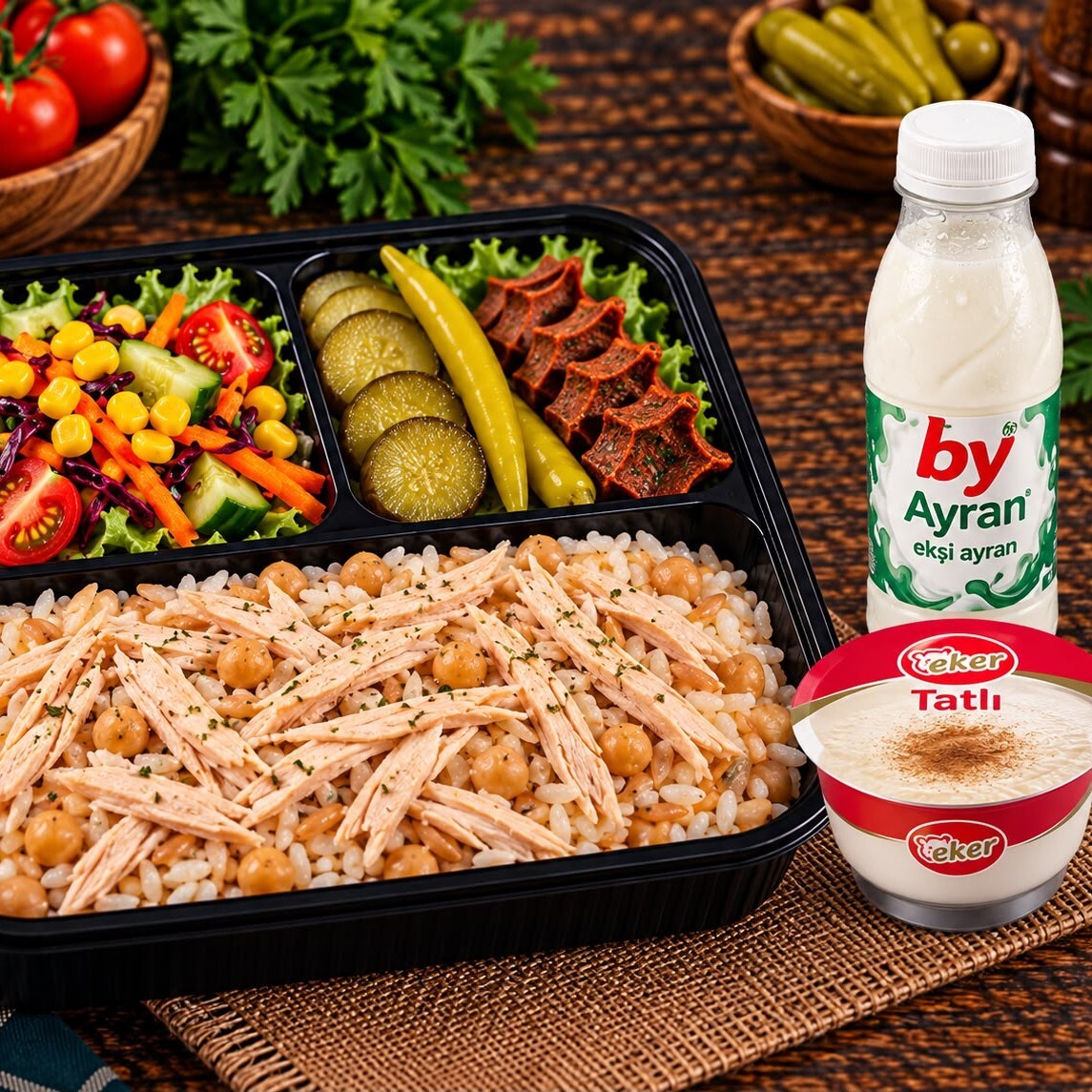 250gr Tavuklu Pilav+ Yayık ayran+Eker Tatlı