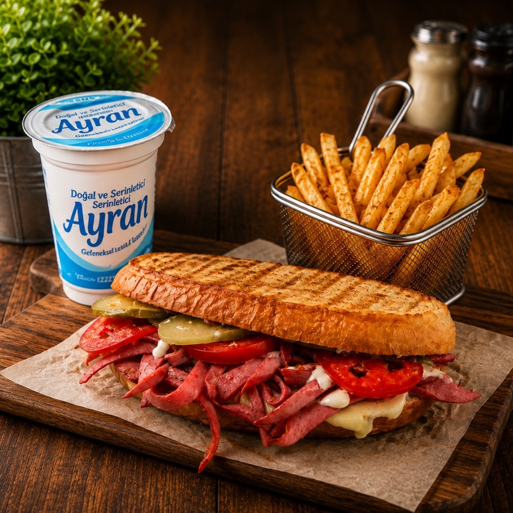 Ayvalık Tostu (Karışık) Patates, Ayran