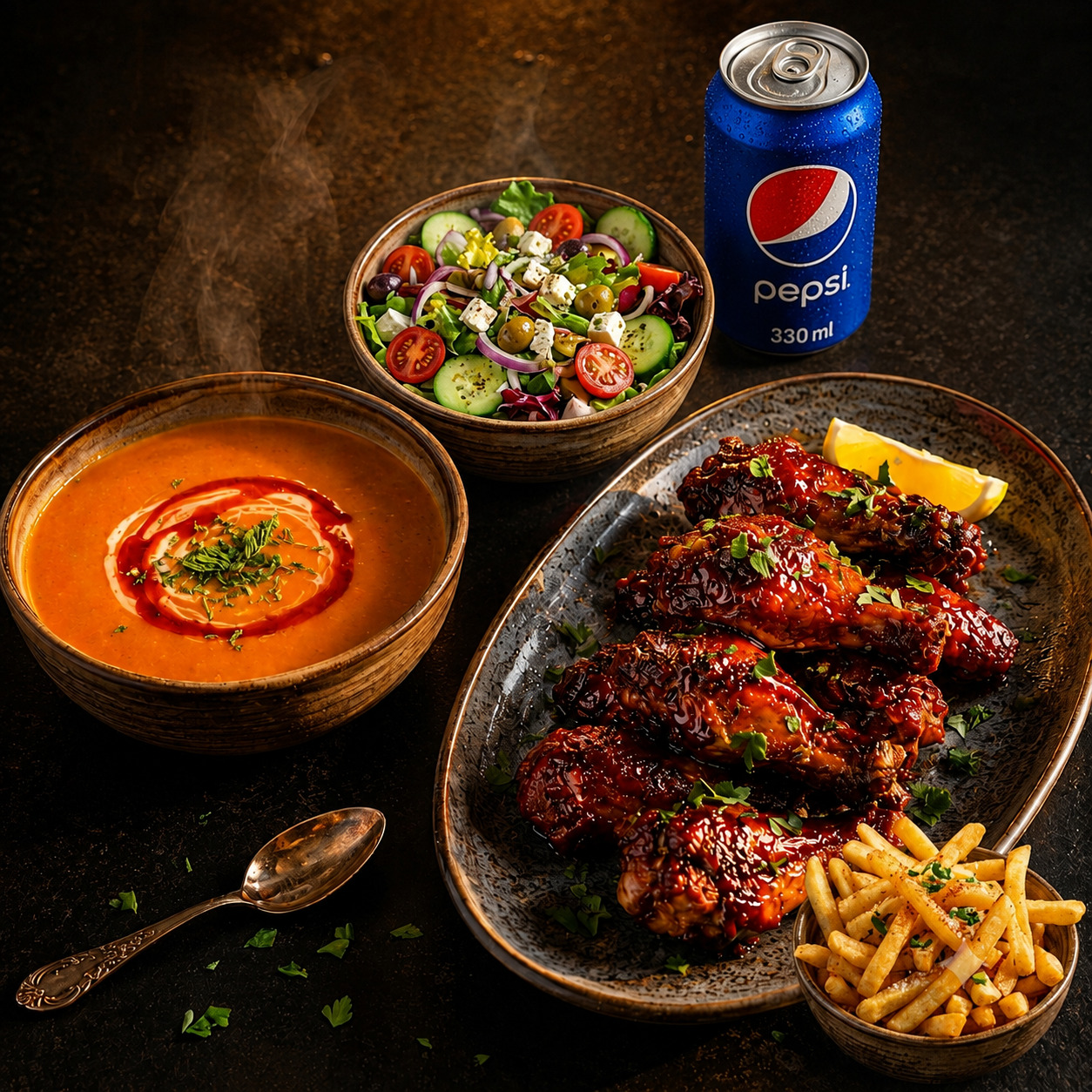 Kanat + Mercimek Çorba + Patates + İçecek