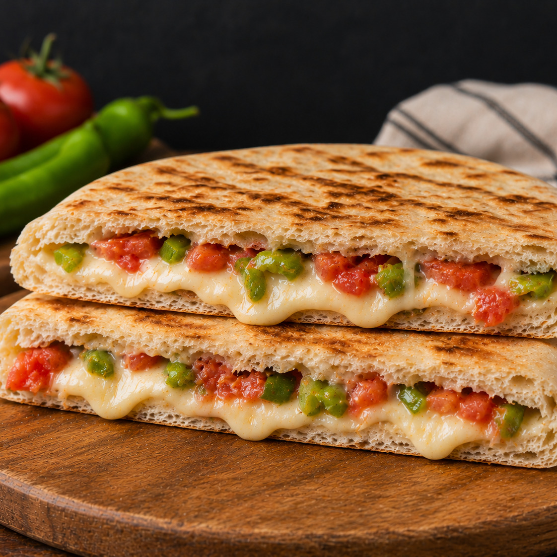 Domatesli Yeşil Biberli Kaşarlı Bazlama Tost