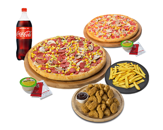 2 Orta Boy Pizza & Çıtır Tavuk & Pat Bulls & 1 L. içecek & 2 Sos
