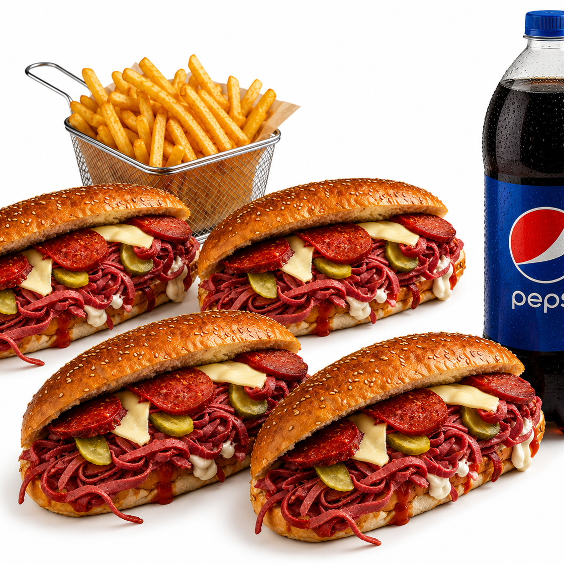 🥪🍟🥤 4 Adet Kumru + Patates Kızartması + Pepsi (1 L)