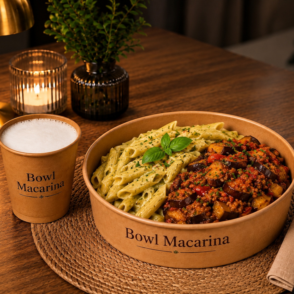 XXL Bowl Fesleğenli Makarna & Patlıcan Musakka + Ayran