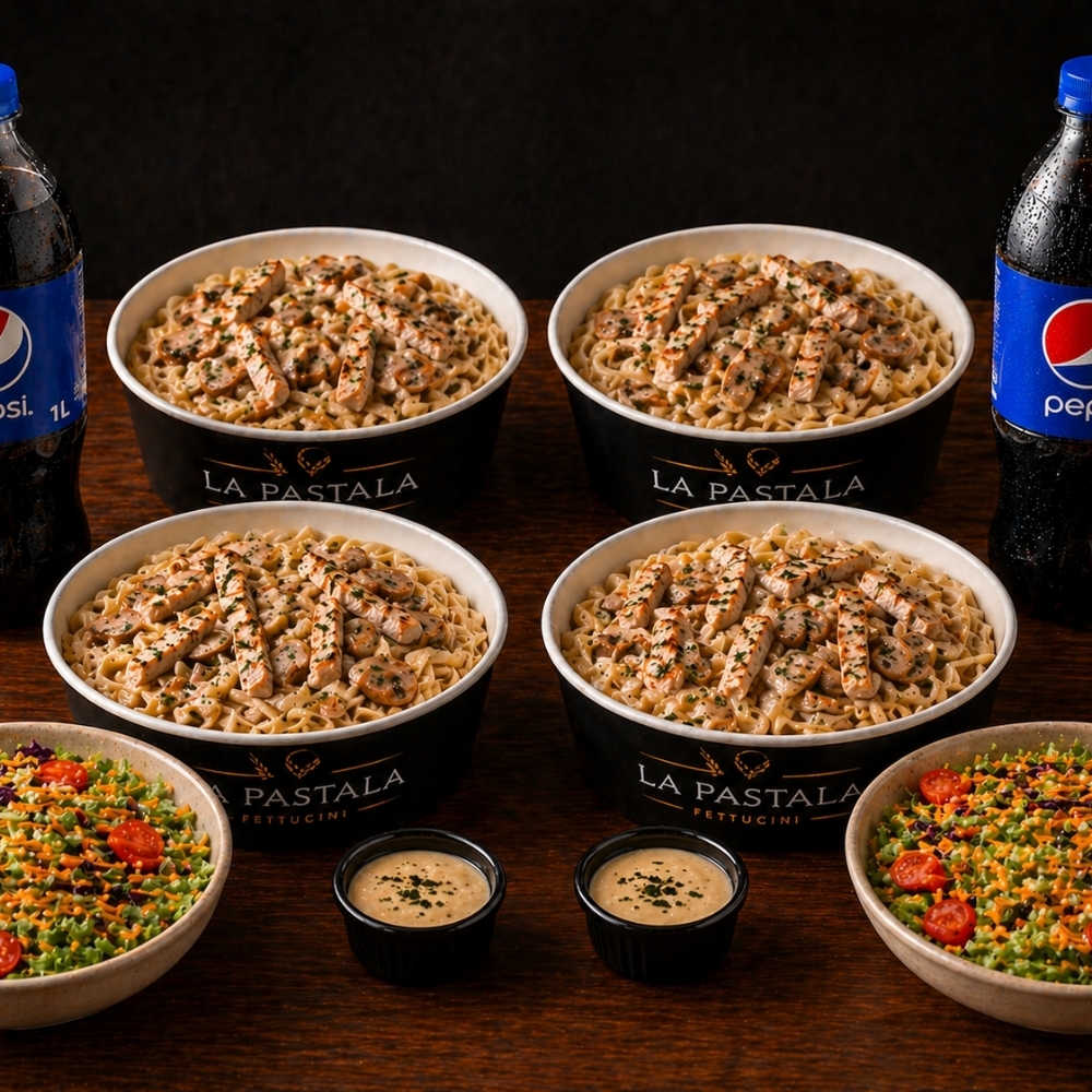 BÜYÜK PAYLAŞIM MENÜ (4 tavuk mantarlı fettucini +2 lt içecek +2mevsim salata