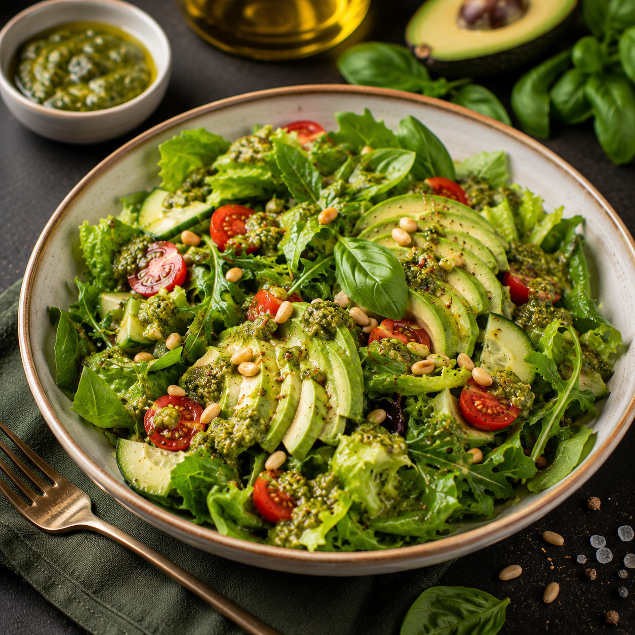 Avokadolu Pesto Soslu Yeşil Salata