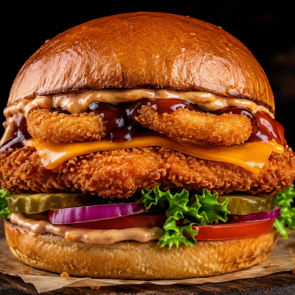 Karamelize Soğanlı Tavuk Şnitzel Burger