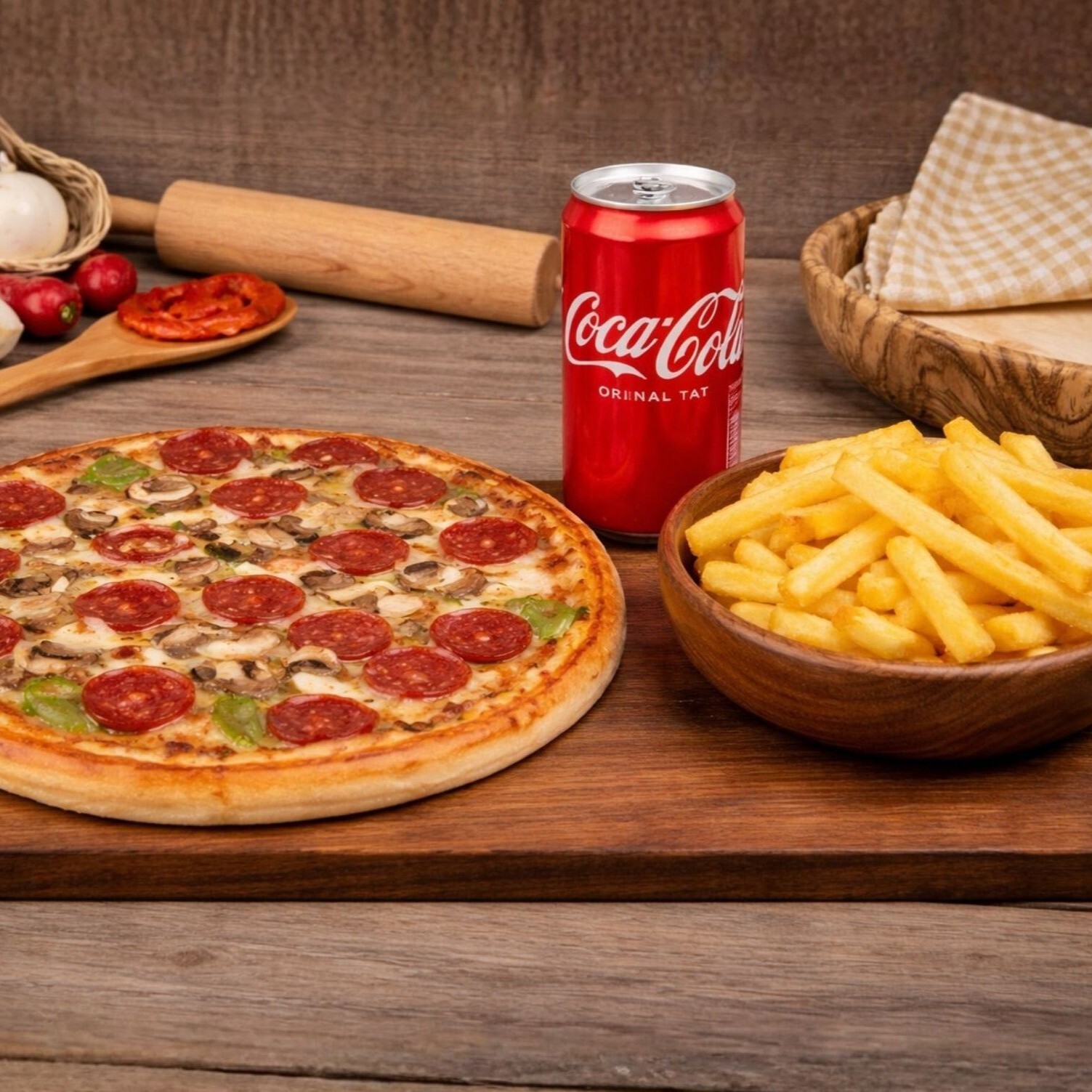 Orta Boy Süper Karışık Pizza + Patates Kızartması + 330 ml Kutu Cola %10 İndirimli