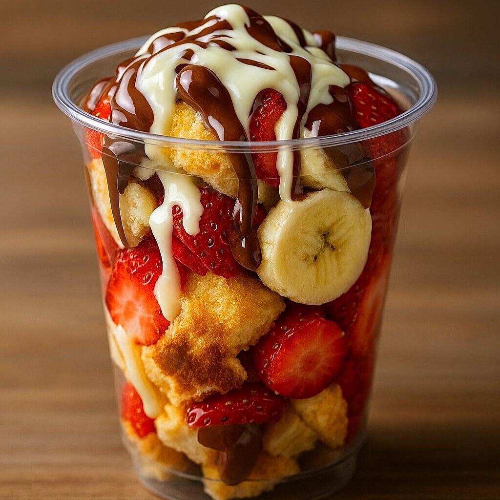 Çilek VE Muzlu Bardak Waffle – Beyaz ve sütlü çikolata soslu