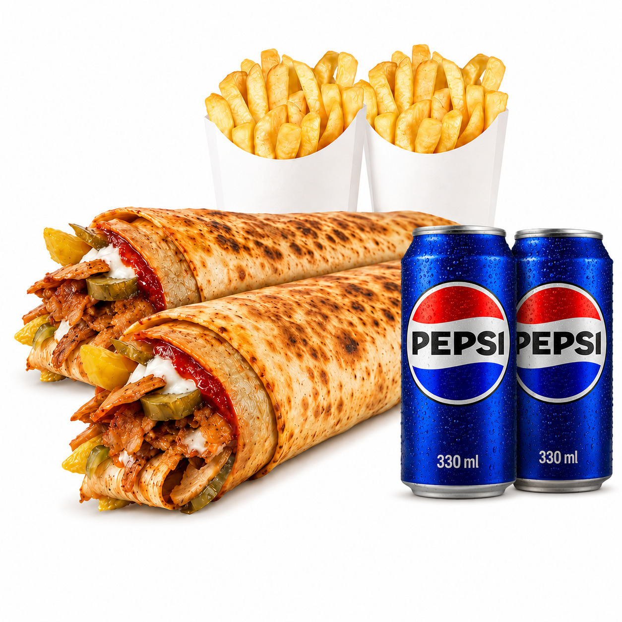 2 Adet Tavuk Döner Dürüm + 2 Adet Patates + 2 Adet 33cl Pepsi Kola