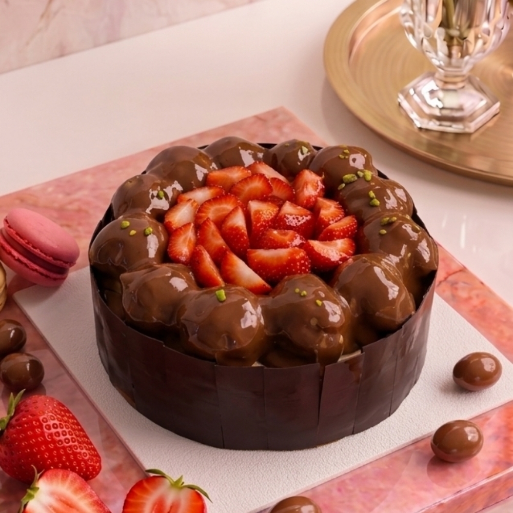 Profiterol - Çilek - Akışkan Çikolata - Fıstıklı Pasta ( 8-10 Kişilik )