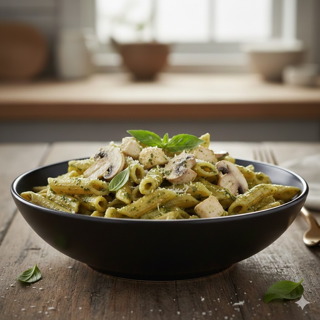 Pesto Soslu Tavuklu Mantarlı Makarna