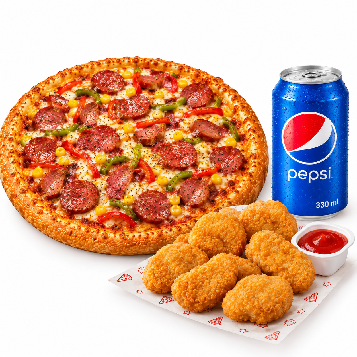 🍕🍟🥤Sosisli Pizza Tavuk Nugget (6 Adet) + İçecek 330 ml peps