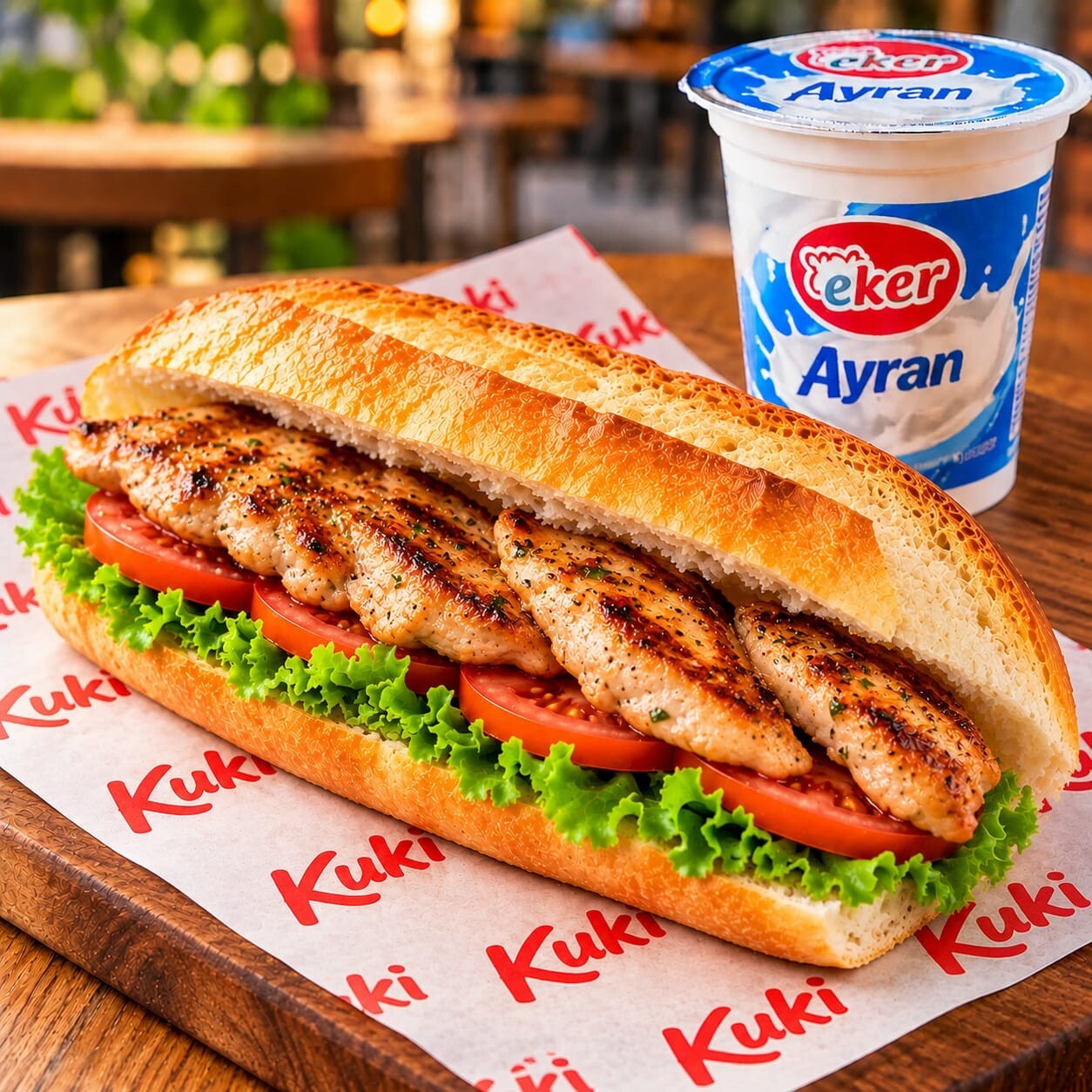 Kuki'nin Ekmek Arası Tavuk Bonfile ve Büyük Ayran