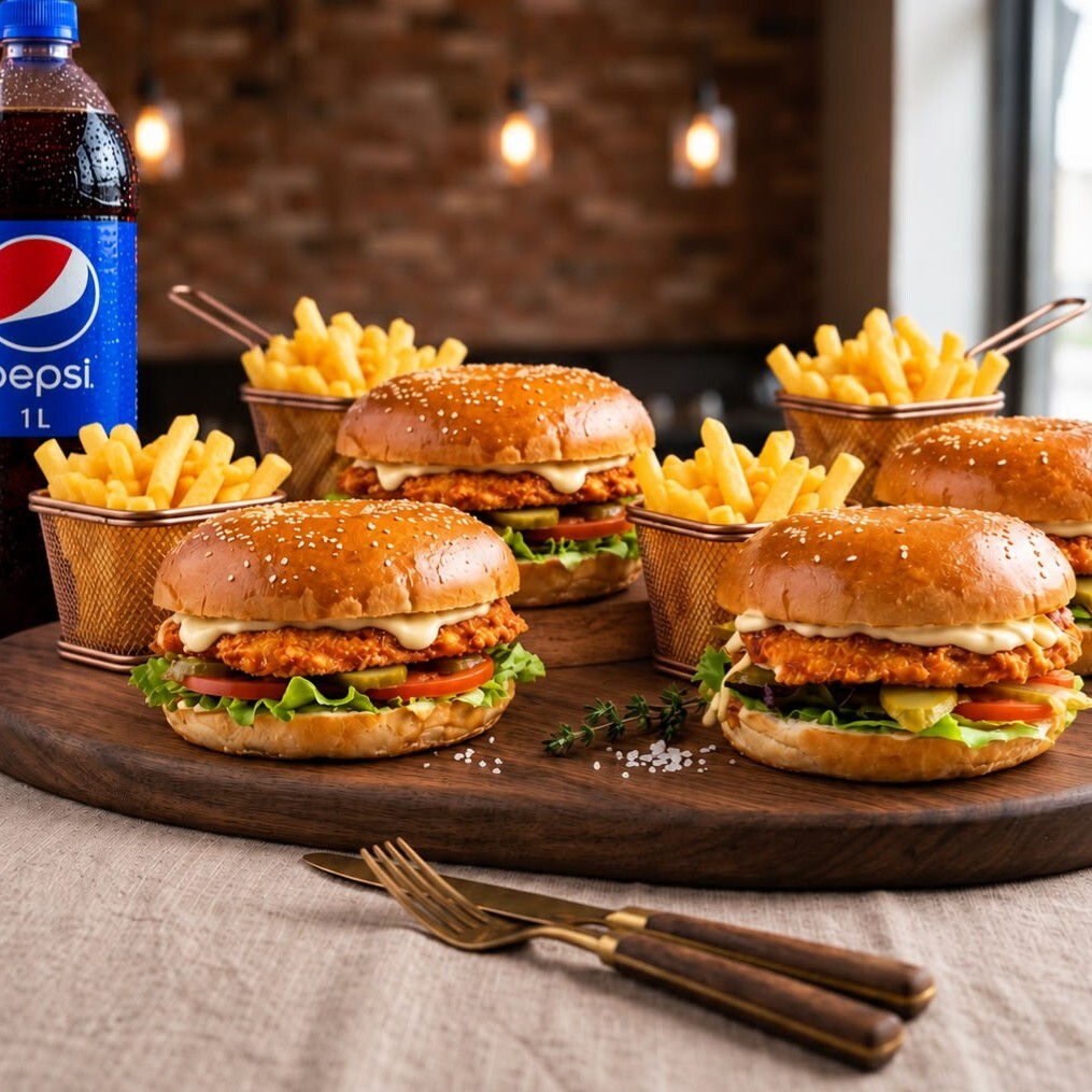 4 Adet Chicken Burger + 4 Adet Patates + 1 Litre İçecek