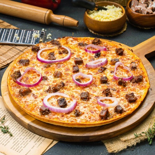 Kavurmalı Pizza Şöleni VIP Line Sos Kavurmalı Biberli Soğanlı Dumanında Tüten Pizza ( Büyük Boy )
