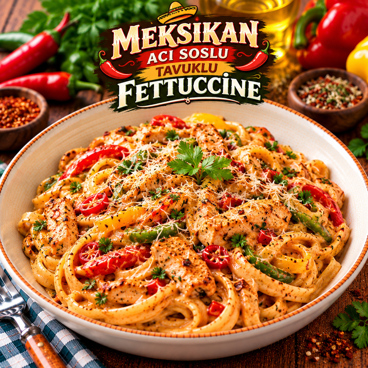 Meksika Acı Soslu Tavuklu Fettuccine