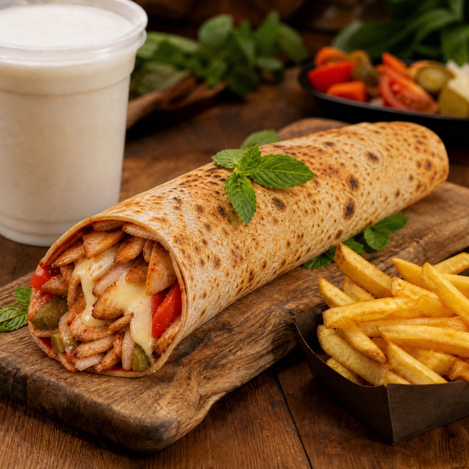 Katık Tavuk Dürüm Menü + Büyük Ayran + Patates Kızartması