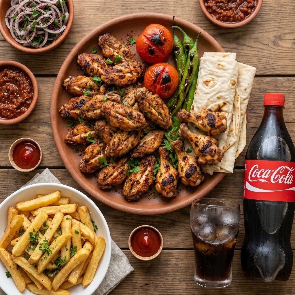 Izgara Karışık Kanat (1 Kg) Litrelik İçecek ve Patates Kızartması